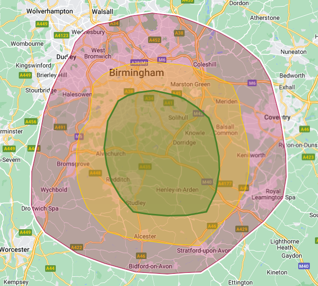 Areas around Birmingham BMD covers